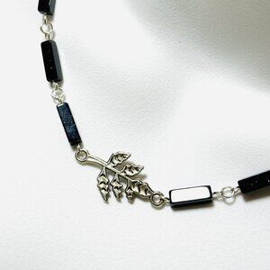 Dark Blue Goldstone Short Necklace w/ Silver Leaf Branch Pendant